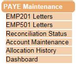 Screenshot of PAYE Maintenance Menu option with submenu options EMP 201 and EMP 501