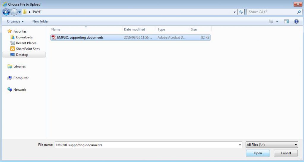 Screenshot of File Upload dialogue