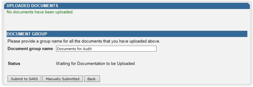 Screenshot of Uploaded Documents with no documents uploaded. Document Group Name has been typed in.