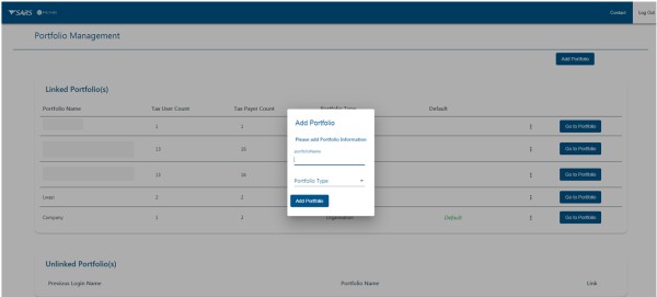 Screenshot of Portfolio Management screen with Add Portfolio popup