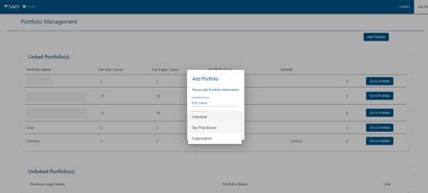 Screenshot of Portfolio Management screen with Add Portfolio popup