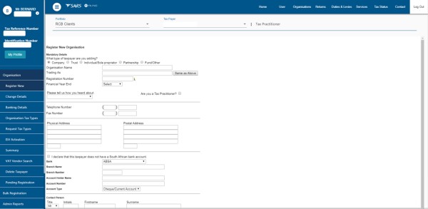 Screenshot of Register New Organisation screen
