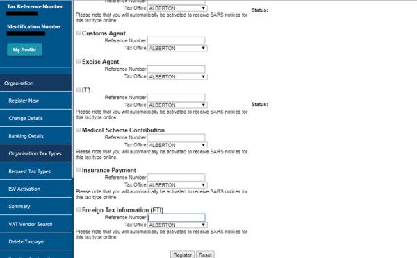 Screenshot of Tax Types to register for