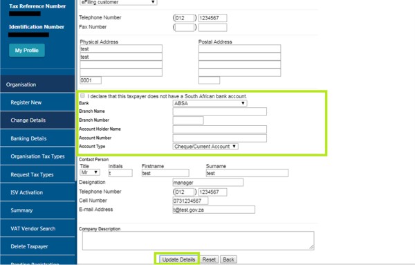 Screenshot of Update Details screen with bank details part highlighted