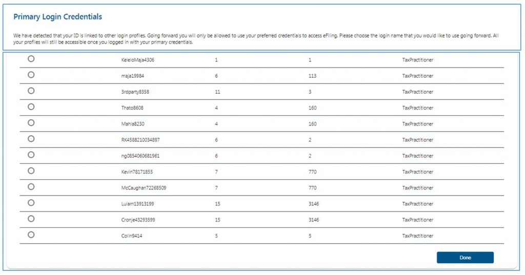 Screenshot of Primary Login Credentials screen