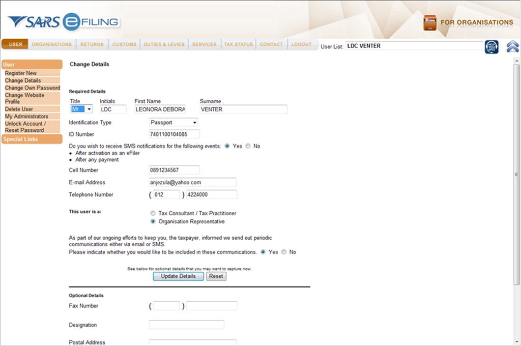 Screenshot of Change Details Screen on eFiling