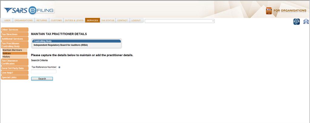 Screenshot of Maintain Tax Practitioner Details Screen on eFiling