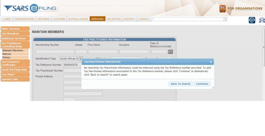 Screenshot of Maintain Members Screen on eFiling with Tax Practitioner Information popup