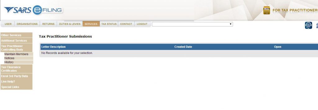 Screenshot of Tax Practitioner Submissions Screen on eFiling