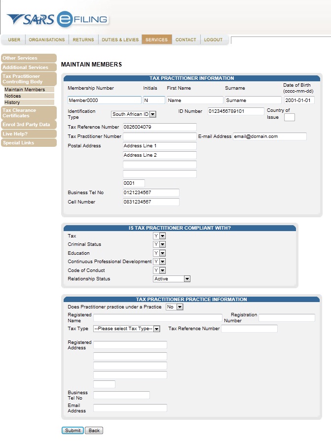 Screenshot of Maintain Members Screen on eFiling