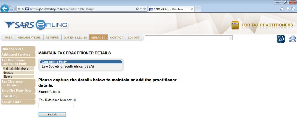 Screenshot of Maintain Tax Practitioner Details Screen on eFiling