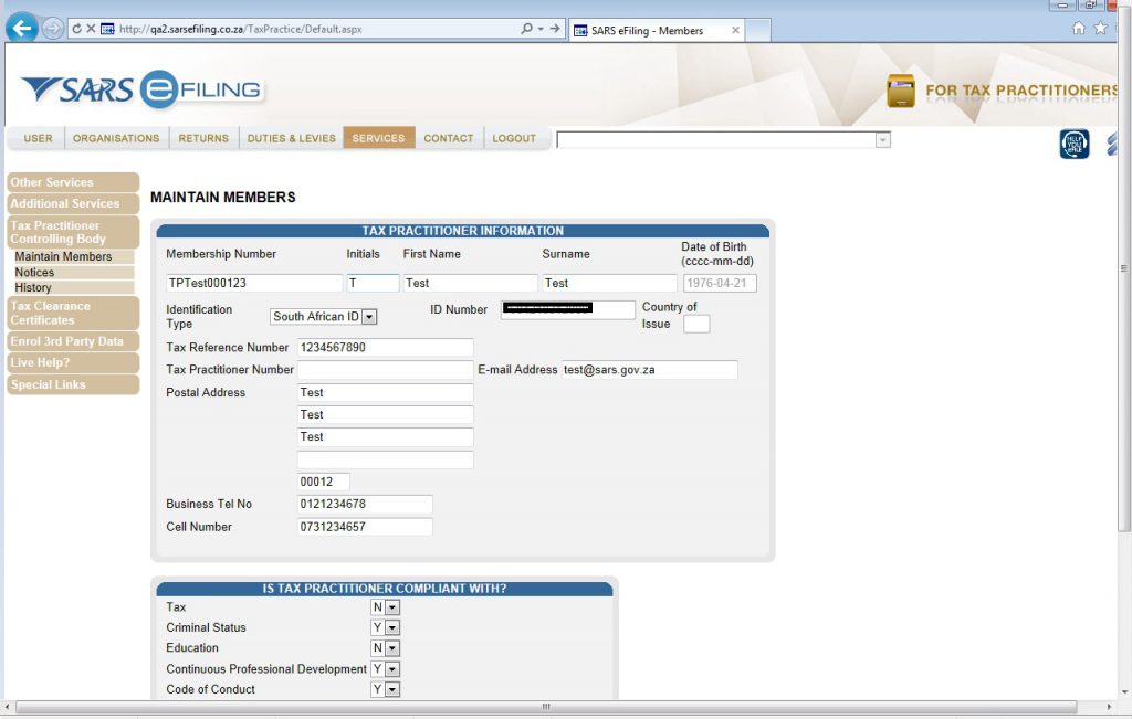 Screenshot of Maintain Members Screen on eFiling