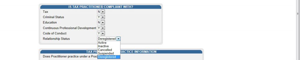 Screenshot of the Relationship Status dropdown with Deregistered selected