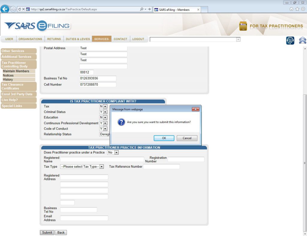 Screenshot of Maintain Members Screen on eFiling with popup "Are you sure you want to submit this information?" with OK and cnacel buttons