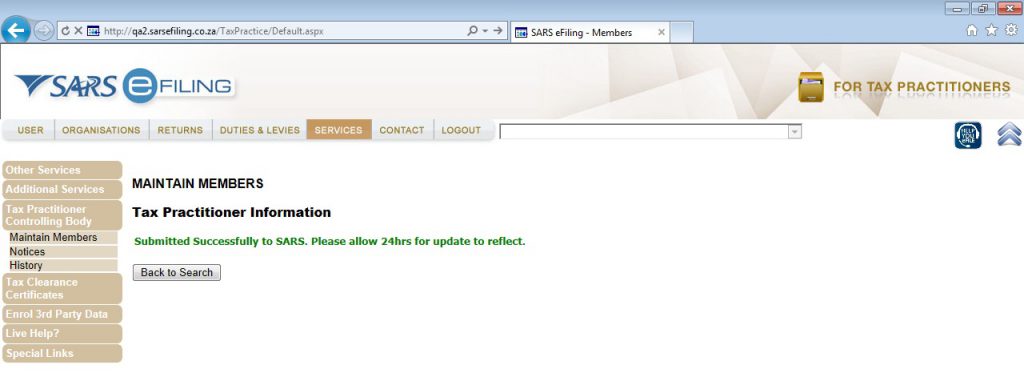 Screenshot of Maintain Members Screen on eFiling with message "Submitted Successfully to SARS. Please allow 2hrs for update to reflect."