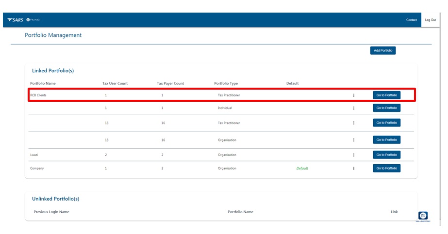 Screenshot of Portfolio Management screen with added portfolio highlighted