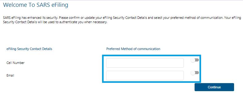 Screenshot of Welcome to SARS eFiling screen with Preferred Method of communication fields highlighted