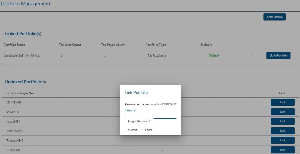 Screenshot of Portfolio Management screen with Link Portfolio popup