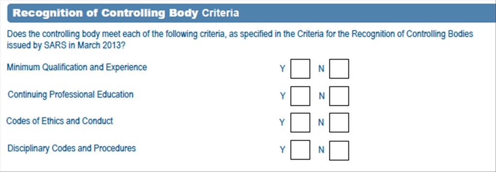 Screenshot of the Recognition of Controlling Body Criteria section of the form