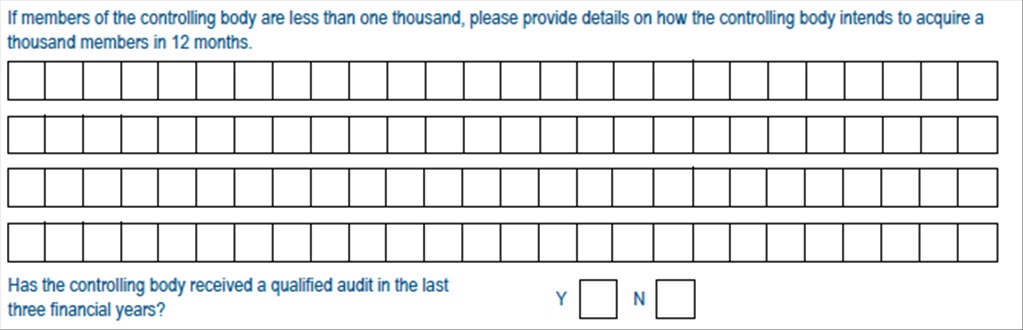 Screenshot of If members of the controlling body are less than one thousand, please provide details on how the controlling body intends to acquire a thousand members in 12 months. Has the controlling body received a qualified audit in the last three financial years? Y or N.