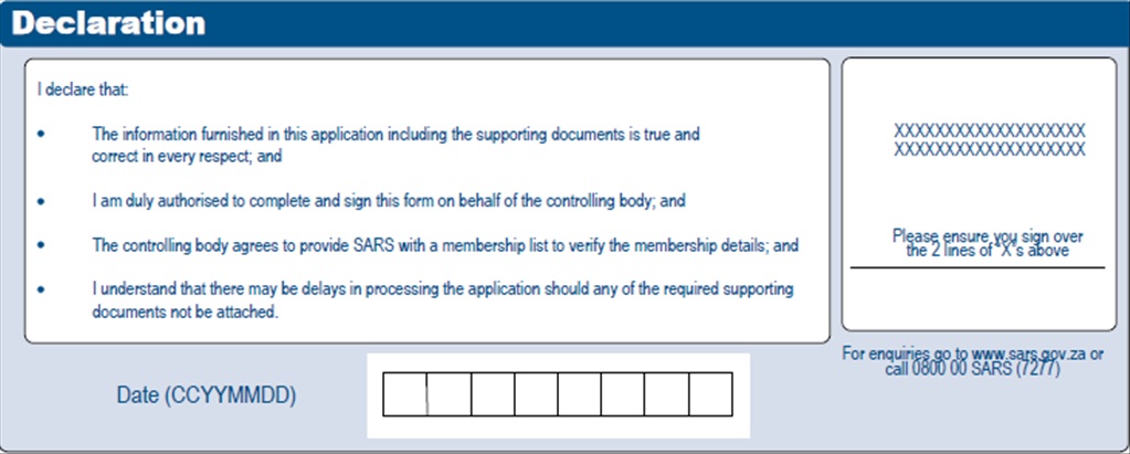 Screenshot of the Declaration part of the form