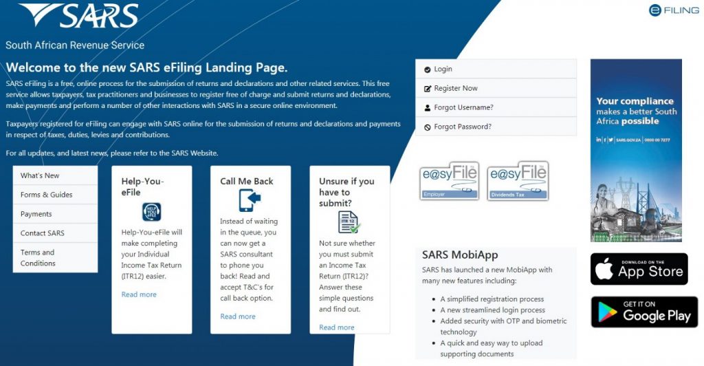 Screenshot of eFiling Landing Page