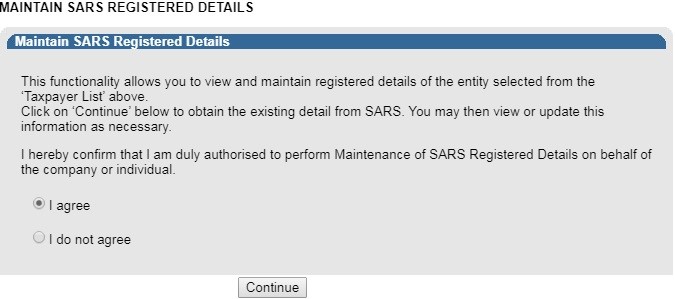 Screenshot of the Maintain SARS Registered Details Dialog on eFiling