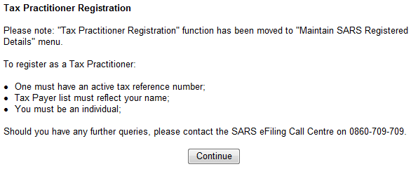 Screenshot of the Tax Practitioner Registration popup on eFiling - Please note: 