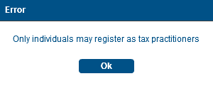 Screenshot of Error - Only individuals may register as tax practitioners - with OK button