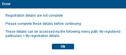 Screenshot of Error - Registration details are not complete... with Ok button