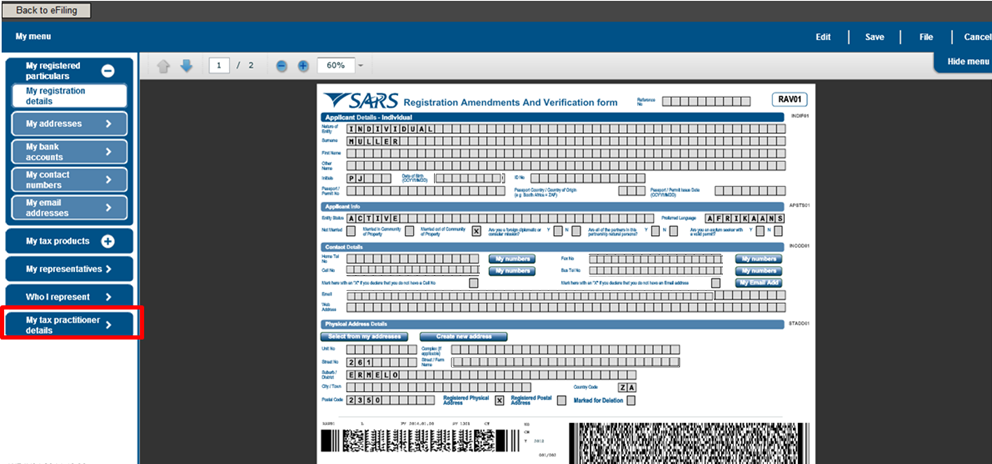 Screenshot of the RAV01 form