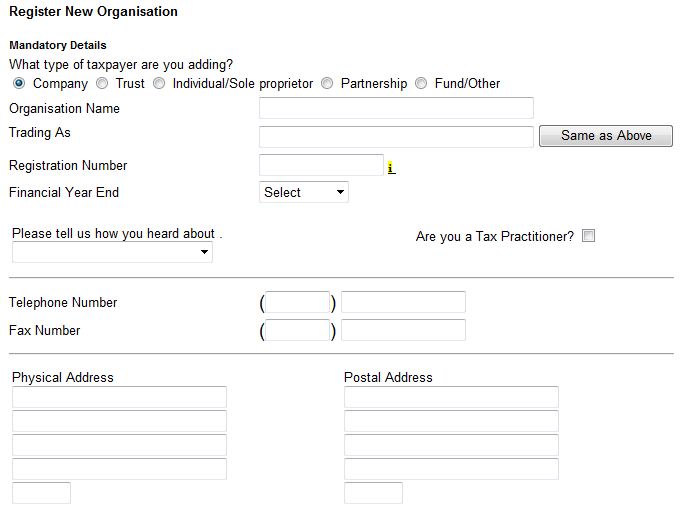 Screenshot of the Mandatory Details part of the Register New Organisation form