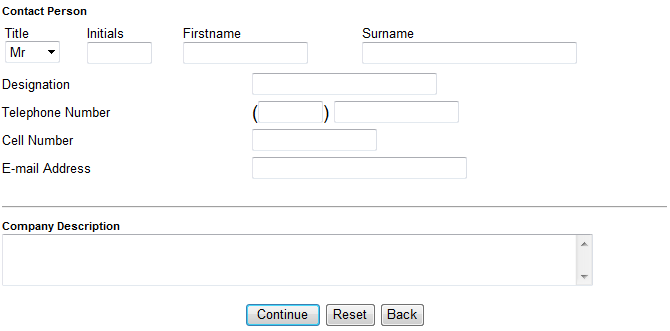 Screenshot of the Contact Person and Company Description part of the Register New Organisation form