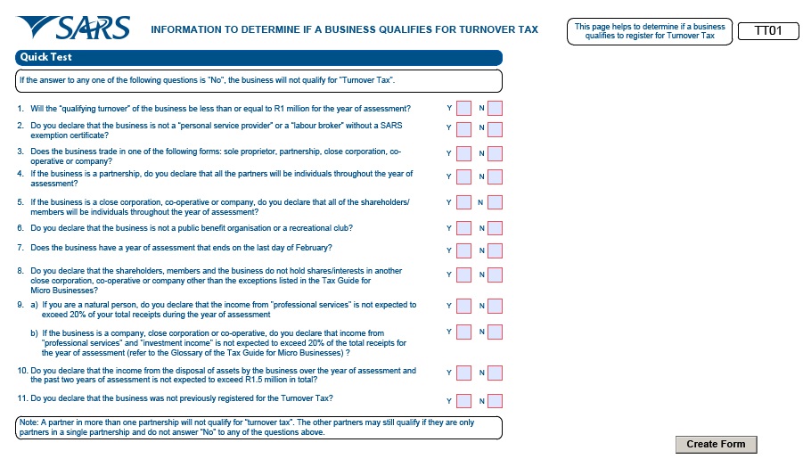 Picture of form to determine if a business qualifies for turnover tax - TT01
