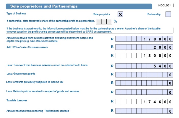 Picture of the Sole proprietors and Partnerships part of the form with Sole proprietor box ticked and amounts filled in