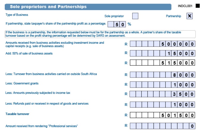 Picture of the Sole proprietors and Partnerships part of the form with Partnership box ticked and partnership percentage filled out. Amounts also filled out.