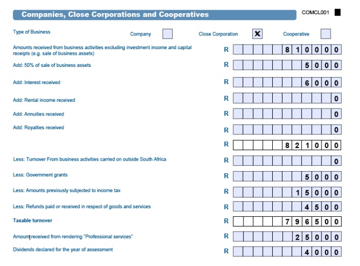 Picture of the Companies, Close Corporations and Cooperatives part of the form with the Close Corporation box ticked and amounts filled out