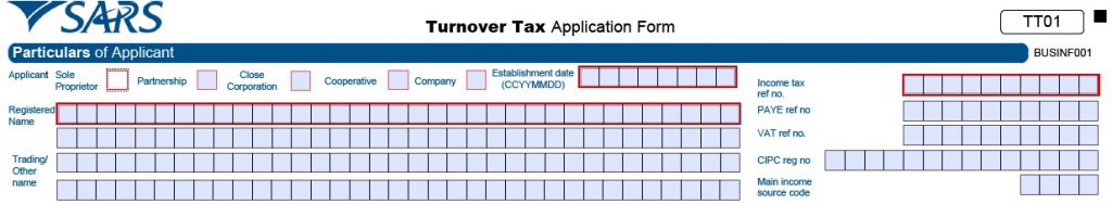 Picture of a Turnover Tax Application Form Particulars of Applicant part - TT01