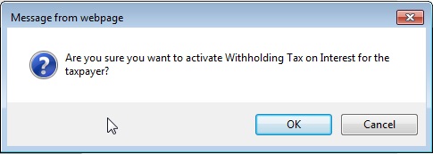 Screenshot of a popup box 'Are you sure you want to activate WTI for the taxpayer?' with an OK and Cancel button