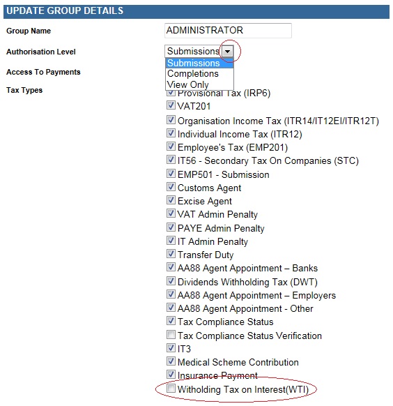 Screenshot of Update Group Details with Submissions dropdown circled as well as WTI Tax Type checkbox