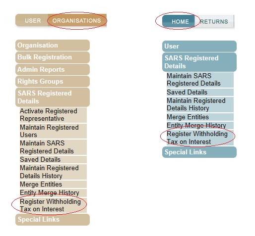 Screenshot of Organisations circled and Register Withholding Tax on Interest cirlcled. Also, Home circled with Register Withholding Tax on Interest circled.