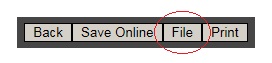 Screenshot of Back, Save Online, File and Print buttons with File button circled