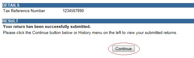 Screenshot of return successfully submitted with Continue button circled