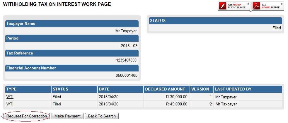 Screenshot of WTI work Page with Request for Correction button circled