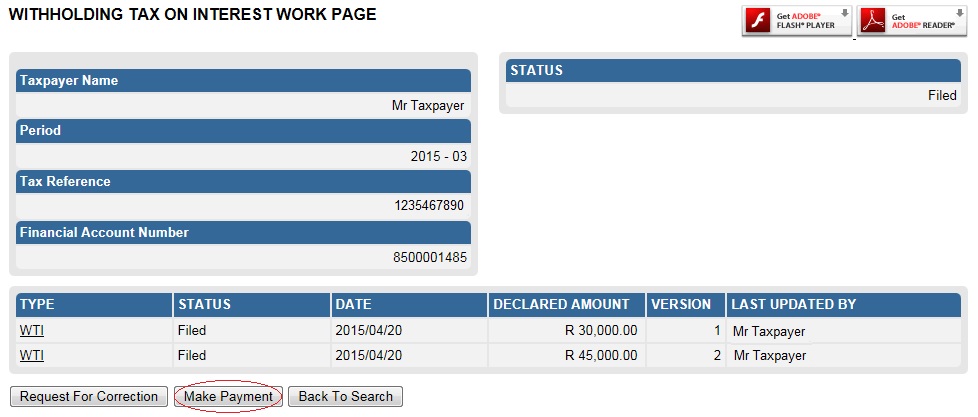 WTI Work Page with Make Payment button circled