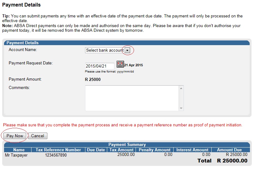 Screenshot of Payment Details screen with Select bank account dropdown circled as well as Pay Now button also circled