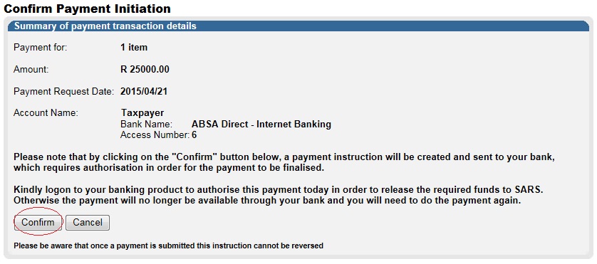 Screenshot of Confirm Payment Initiation screen with Confrim button circled