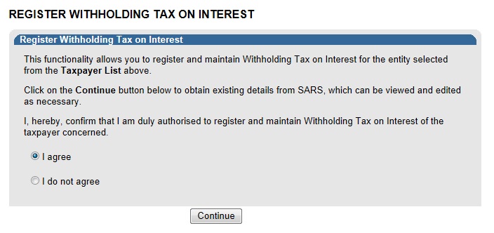 Screenshot of Register Withholding Tax on Interest dialogue box