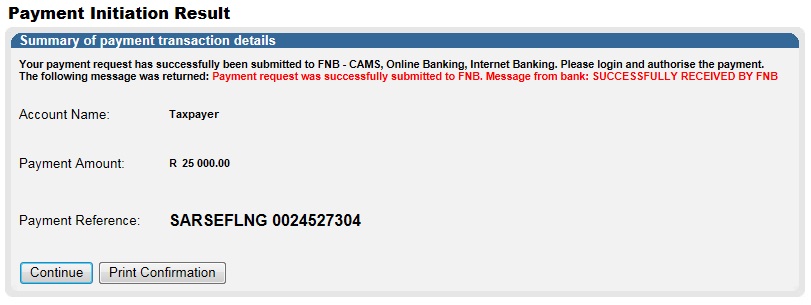 Screenshot of Payment Inititaion Result with a Summary of payment transaction details