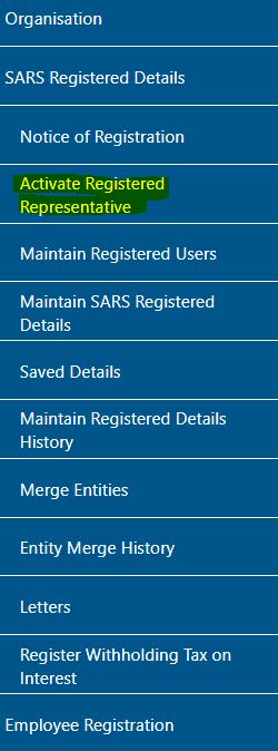 Screenshot of Activate Registered Representative on Organisation Menu